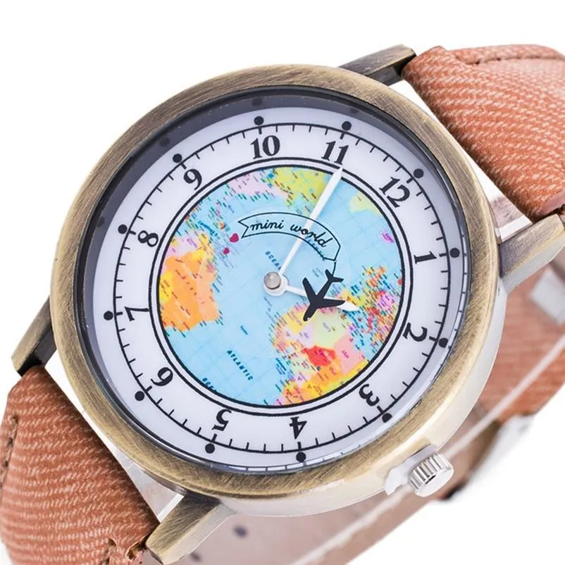Fashion Casual Watches Women Casual Wristwatch Personality World Map With Airplane Pattern Cowboy Band Quartz Watch For Woman  and Girls