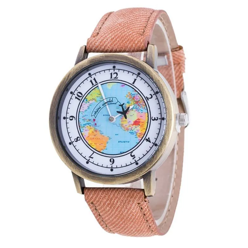Fashion Casual Watches Women Casual Wristwatch Personality World Map With Airplane Pattern Cowboy Band Quartz Watch For Woman  and Girls