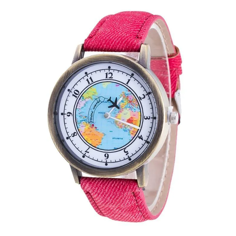 Fashion Casual Watches Women Casual Wristwatch Personality World Map With Airplane Pattern Cowboy Band Quartz Watch For Woman  and Girls