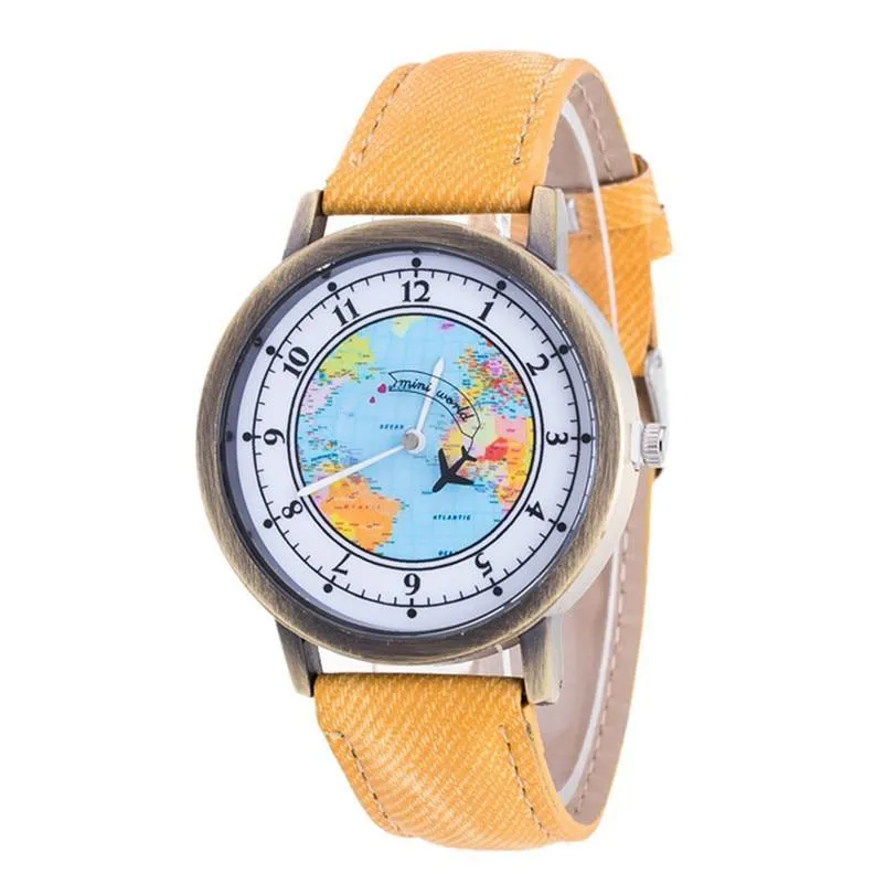Fashion Casual Watches Women Casual Wristwatch Personality World Map With Airplane Pattern Cowboy Band Quartz Watch For Woman  and Girls