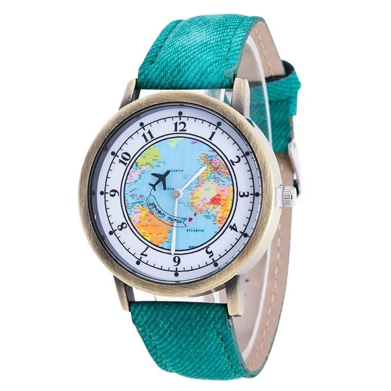 Fashion Casual Watches Women Casual Wristwatch Personality World Map With Airplane Pattern Cowboy Band Quartz Watch For Woman  and Girls