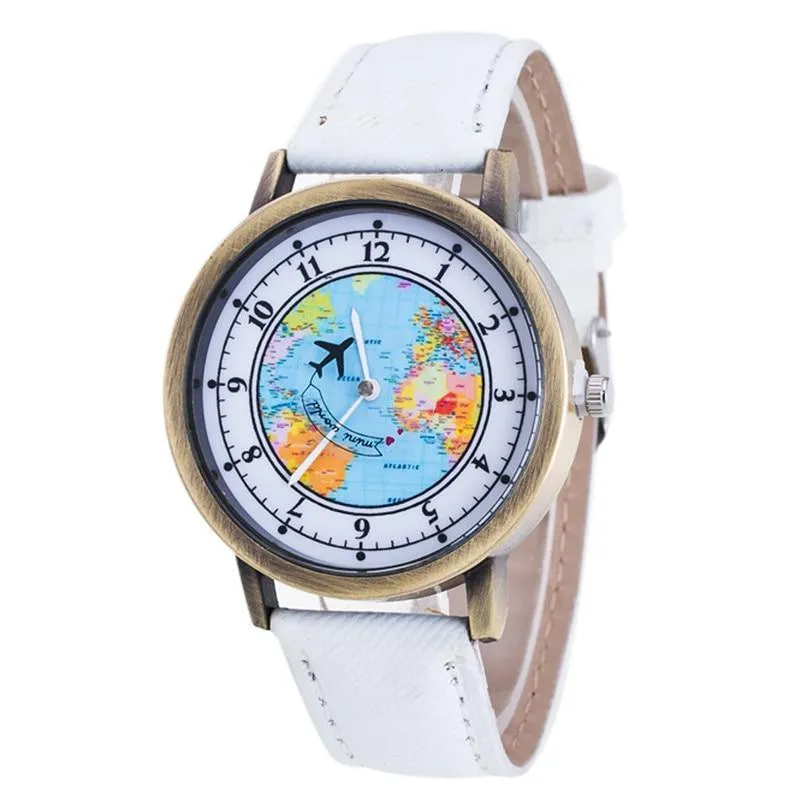Fashion Casual Watches Women Casual Wristwatch Personality World Map With Airplane Pattern Cowboy Band Quartz Watch For Woman  and Girls