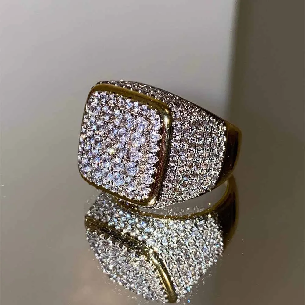 Fashion Silver Gold Plated Clear Zircon Cz Iced Out Hip Hop Jewelry Ring