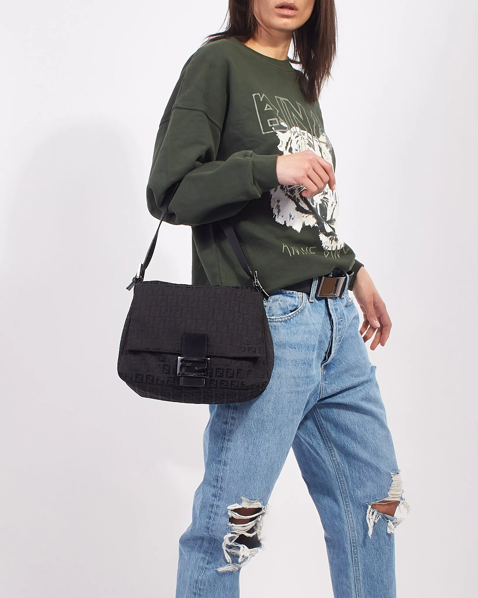 Fendi Black Canvas Zucchino Mama Baguette Shoulder Bag