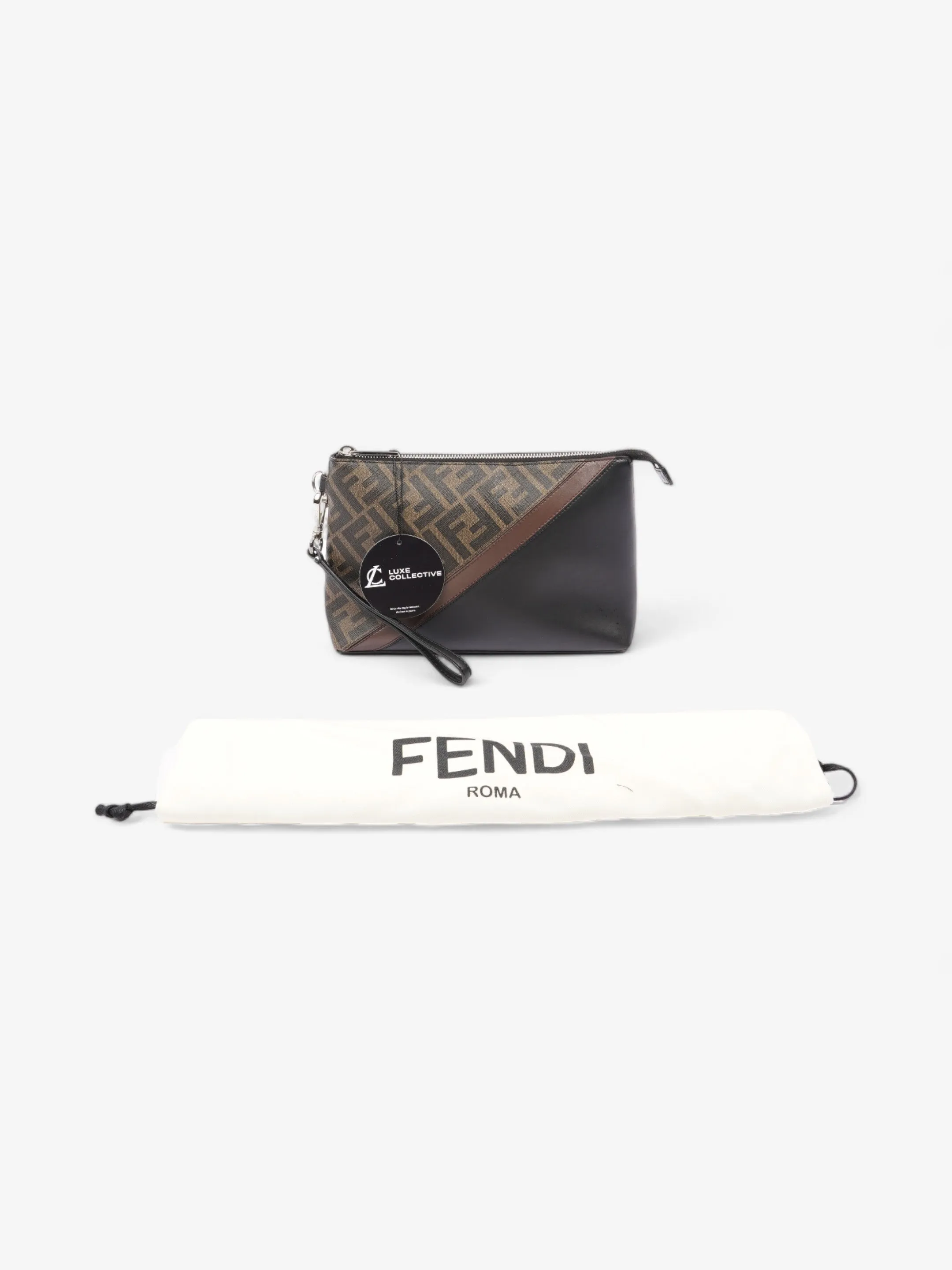 Fendi Diagonal Flat Pouch Tobacco / Black Coated Canvas