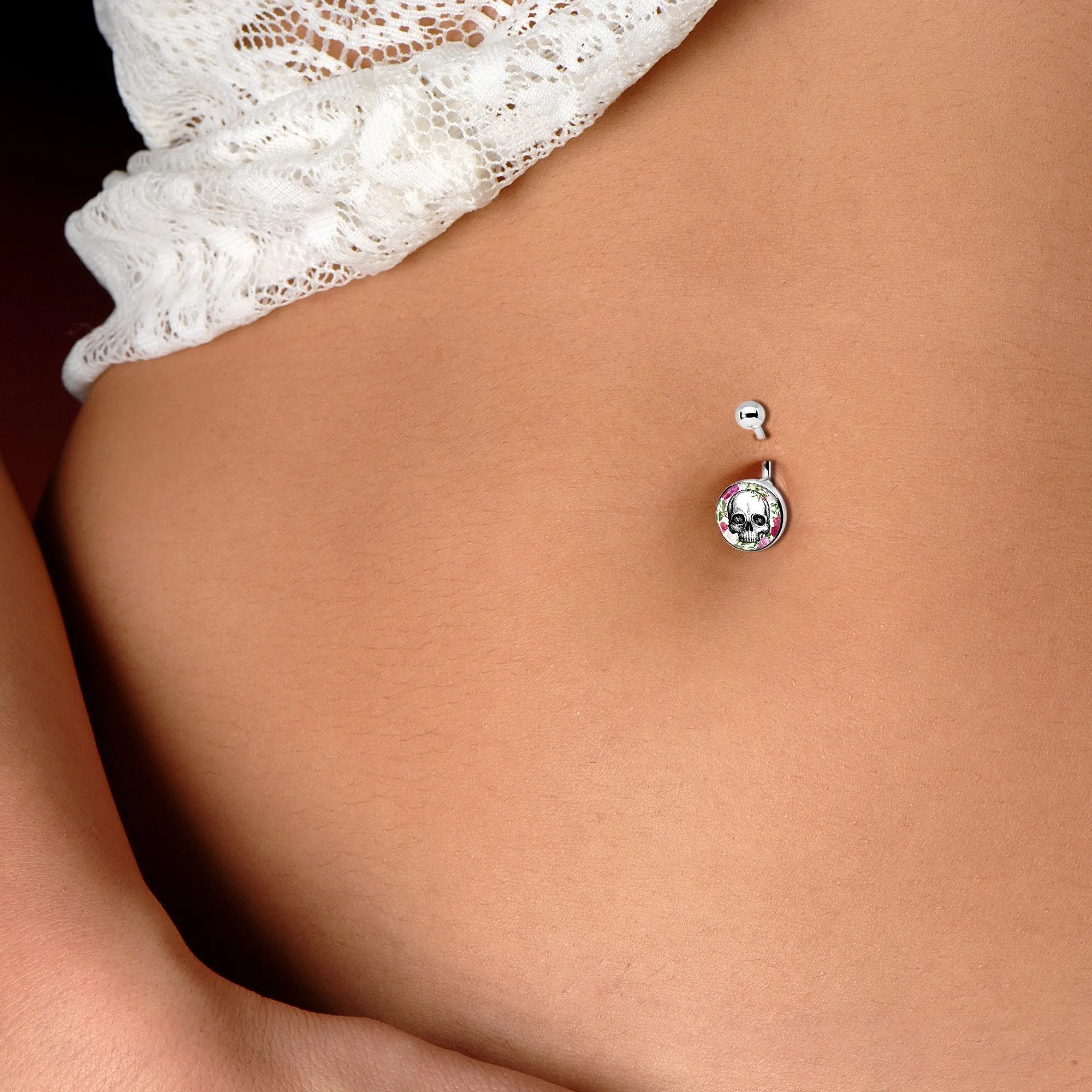 Floral Border Skull Belly Ring