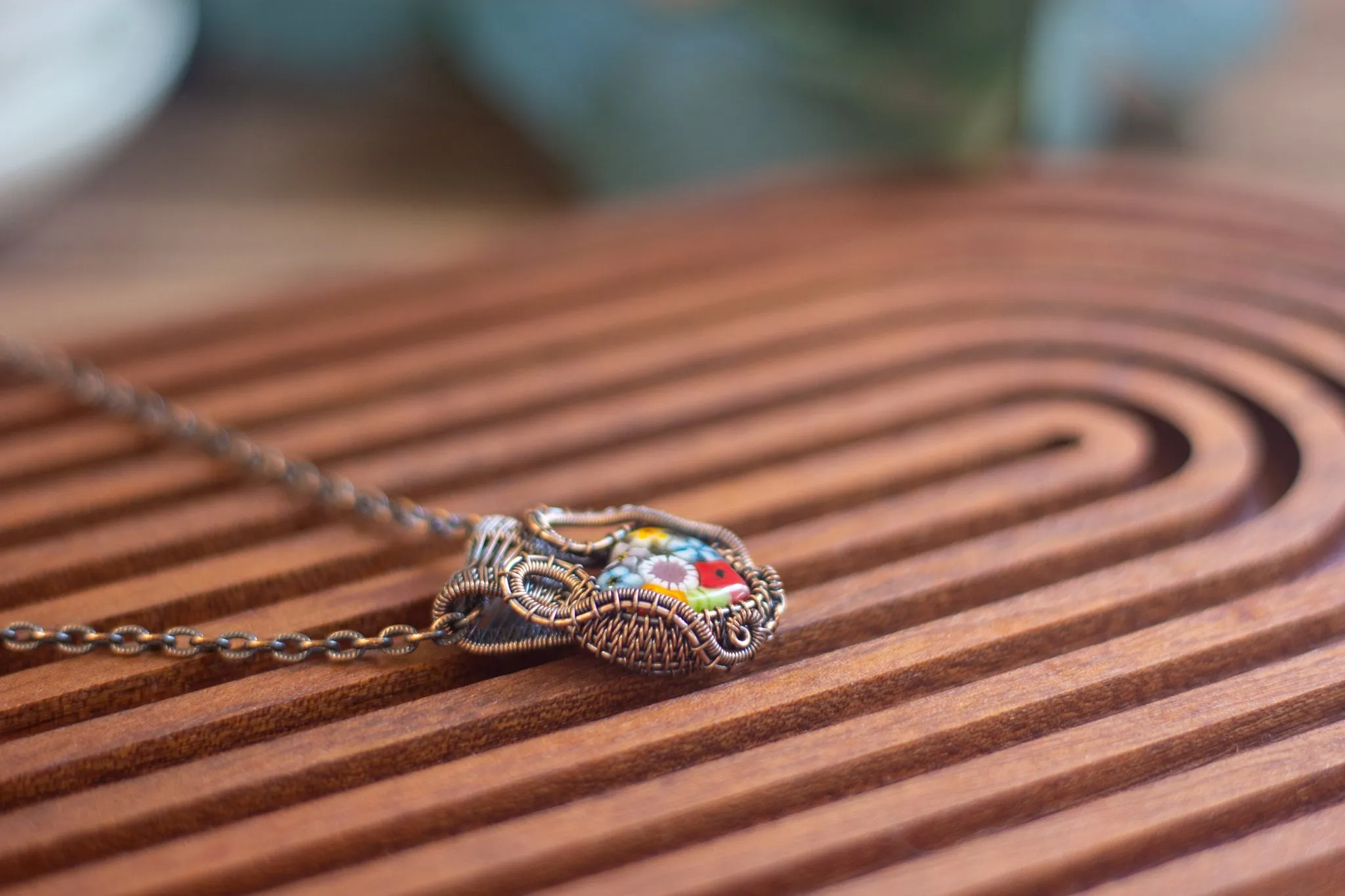 Floral Fused Glass Pendant with Copper Wire Wrapping