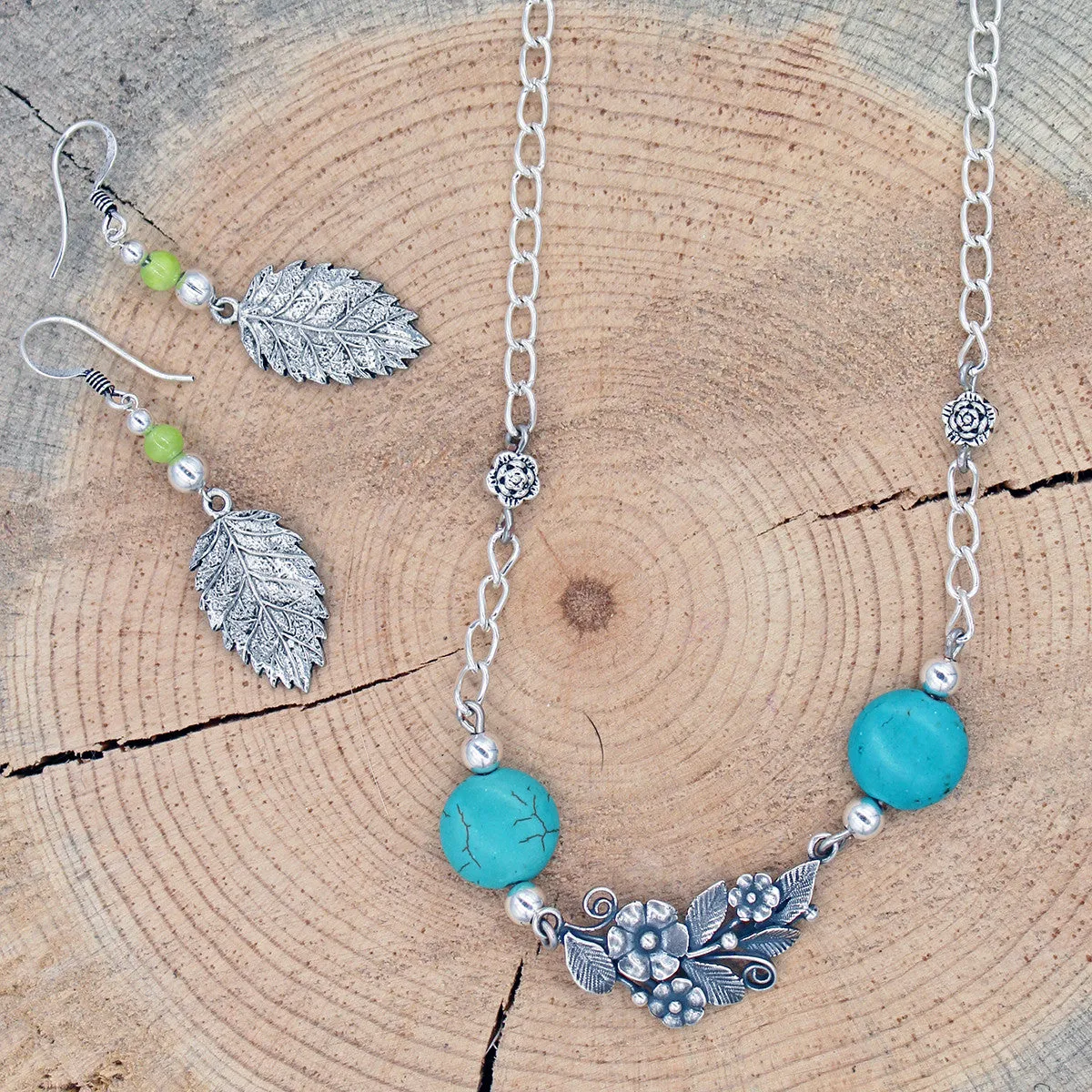 Floral Necklace with Magnesite Turquoise in Copper or Silver