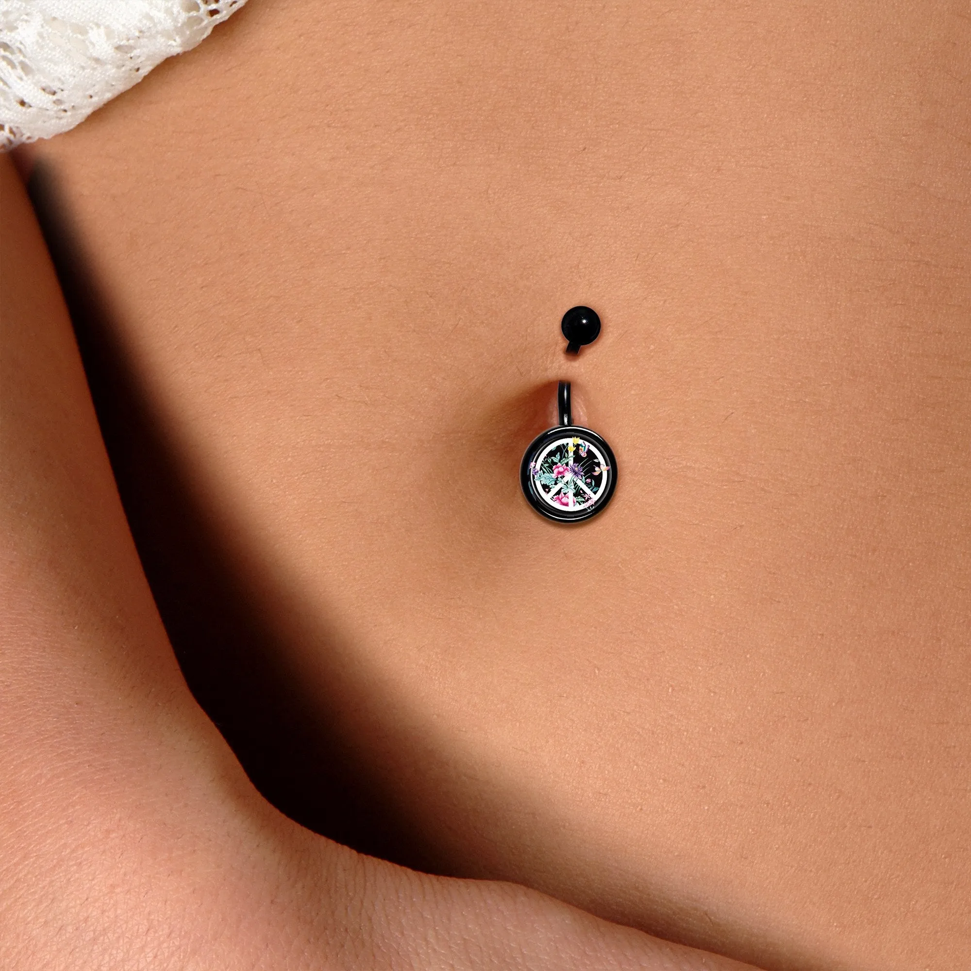 Floral Peace Sign Black Belly Ring