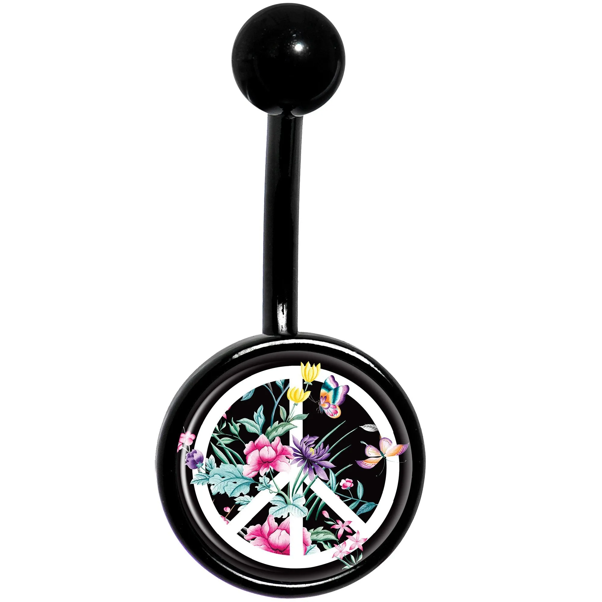 Floral Peace Sign Black Belly Ring