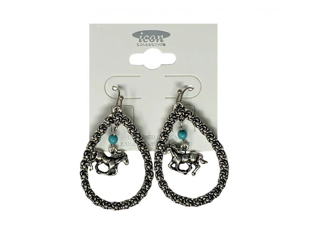Floral Teardrop with running horse and teal bead earrings