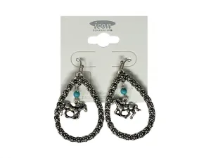 Floral Teardrop with running horse and teal bead earrings