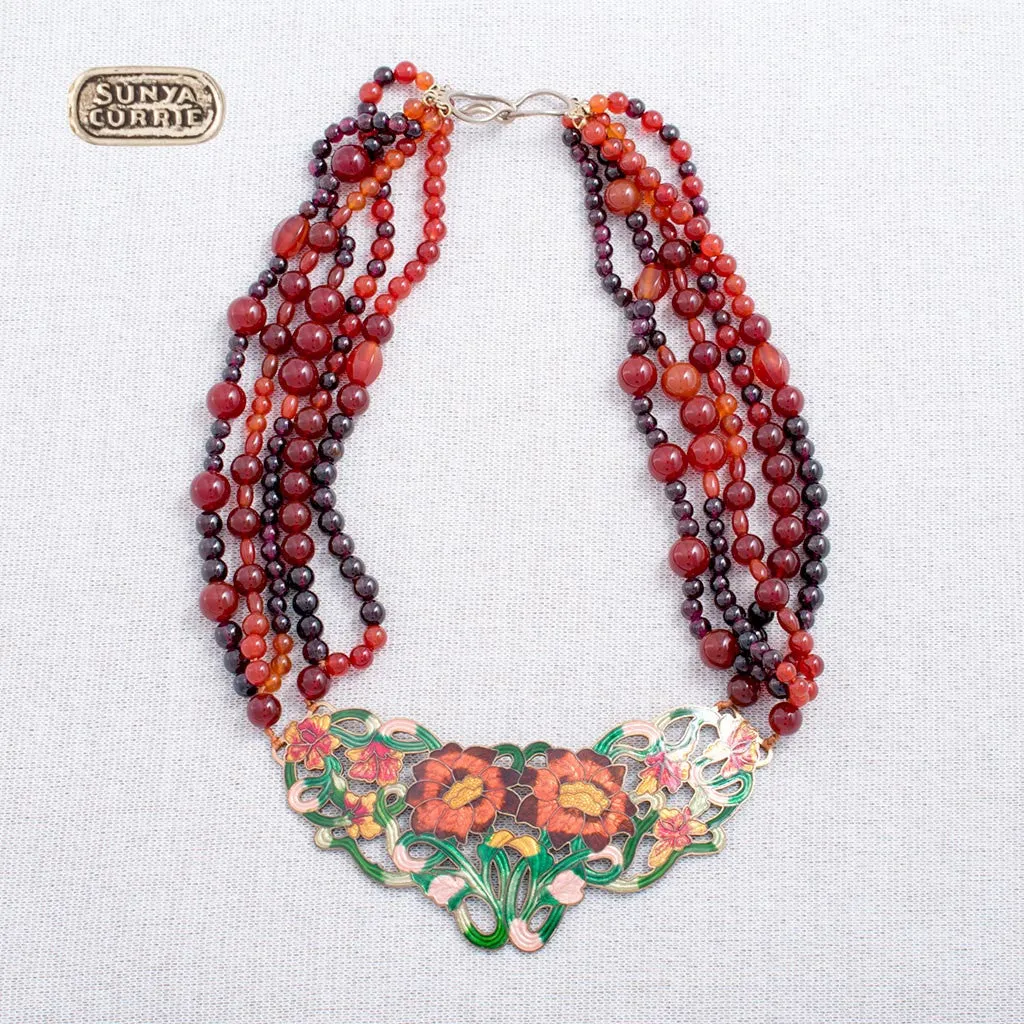Flower Enamel Necklace with Carnelian and Garnet