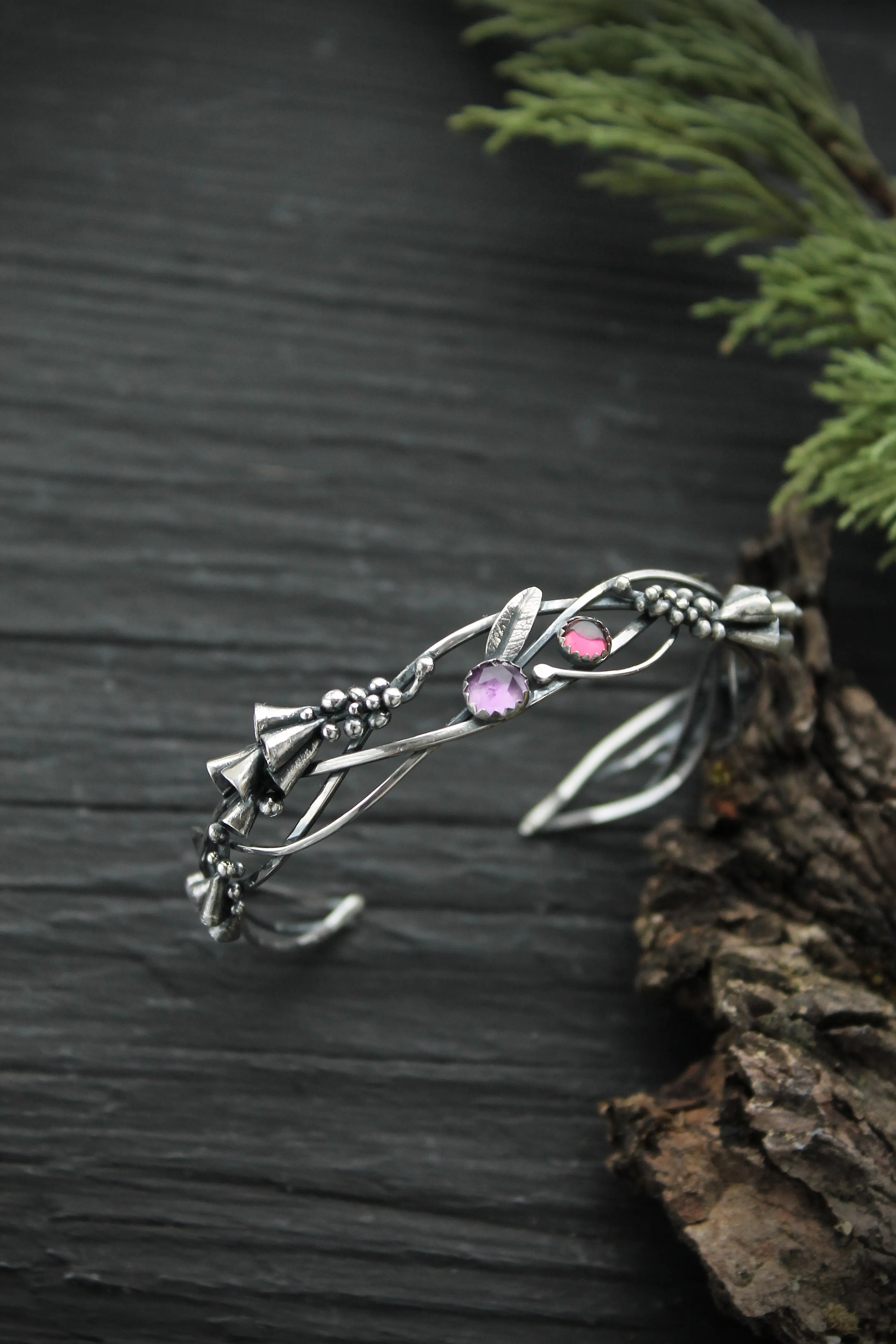 Foxglove silver bracelet Botanical jewelry Nature bangle