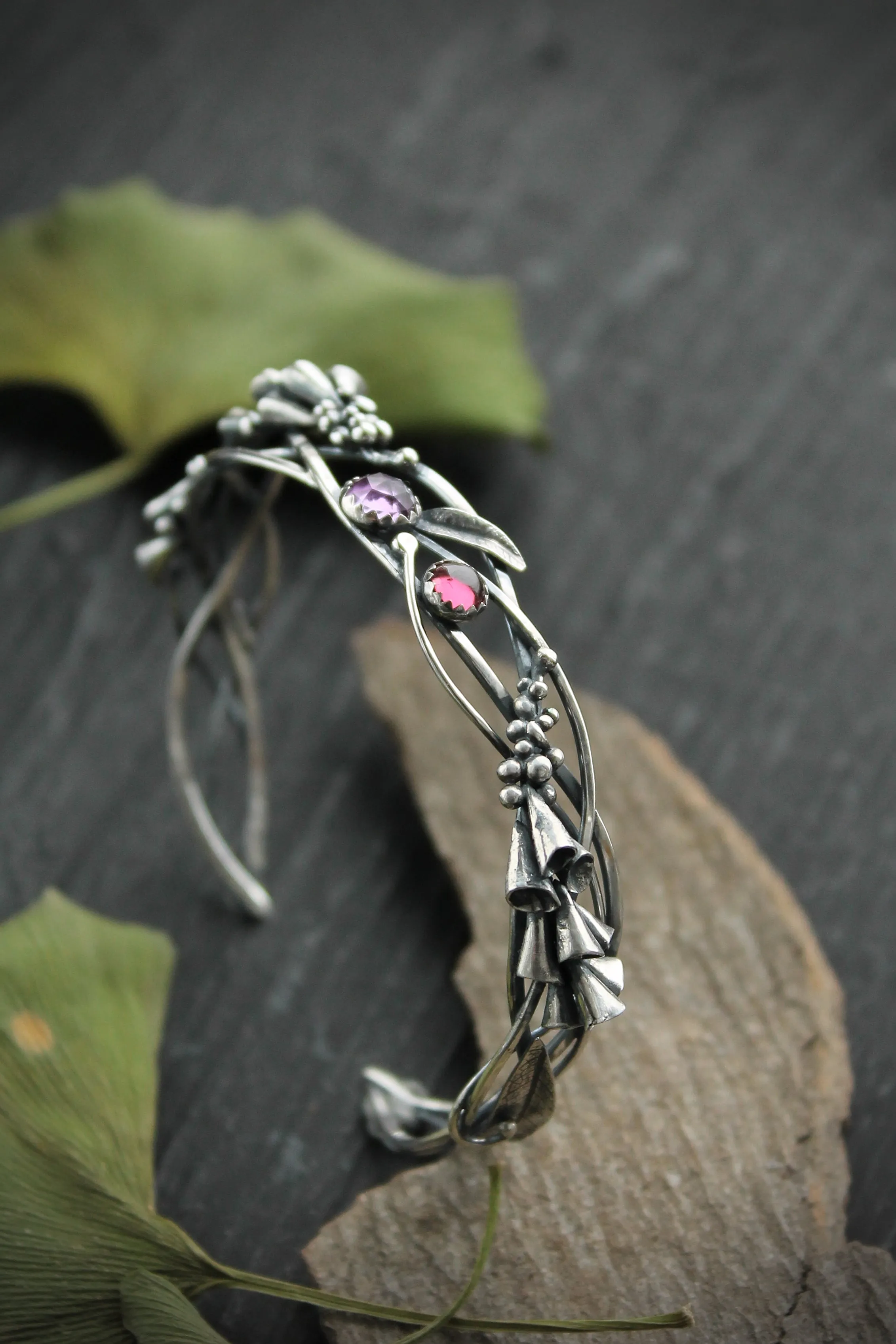 Foxglove silver bracelet Botanical jewelry Nature bangle