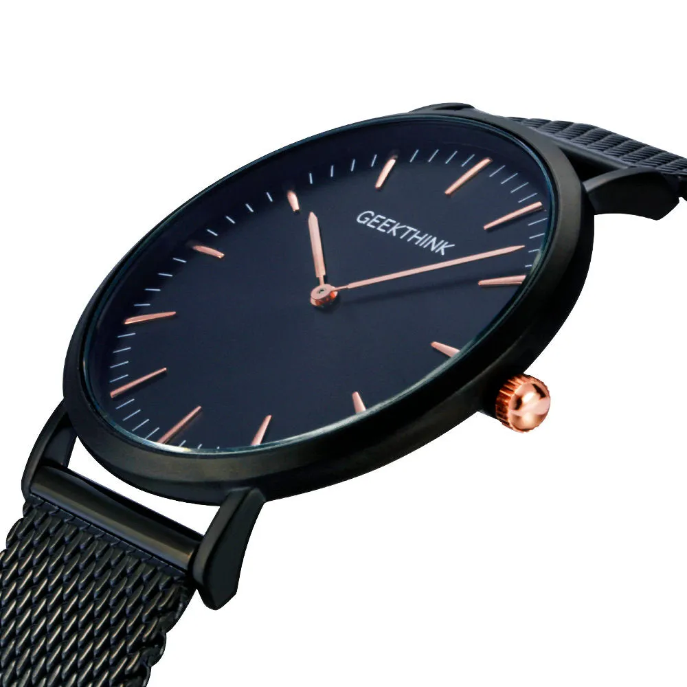 GEEKTHINK Top Luxury Brand Quartz watch men Black Casual Japan Movt stainless steel Mesh strap ultra thin clock male