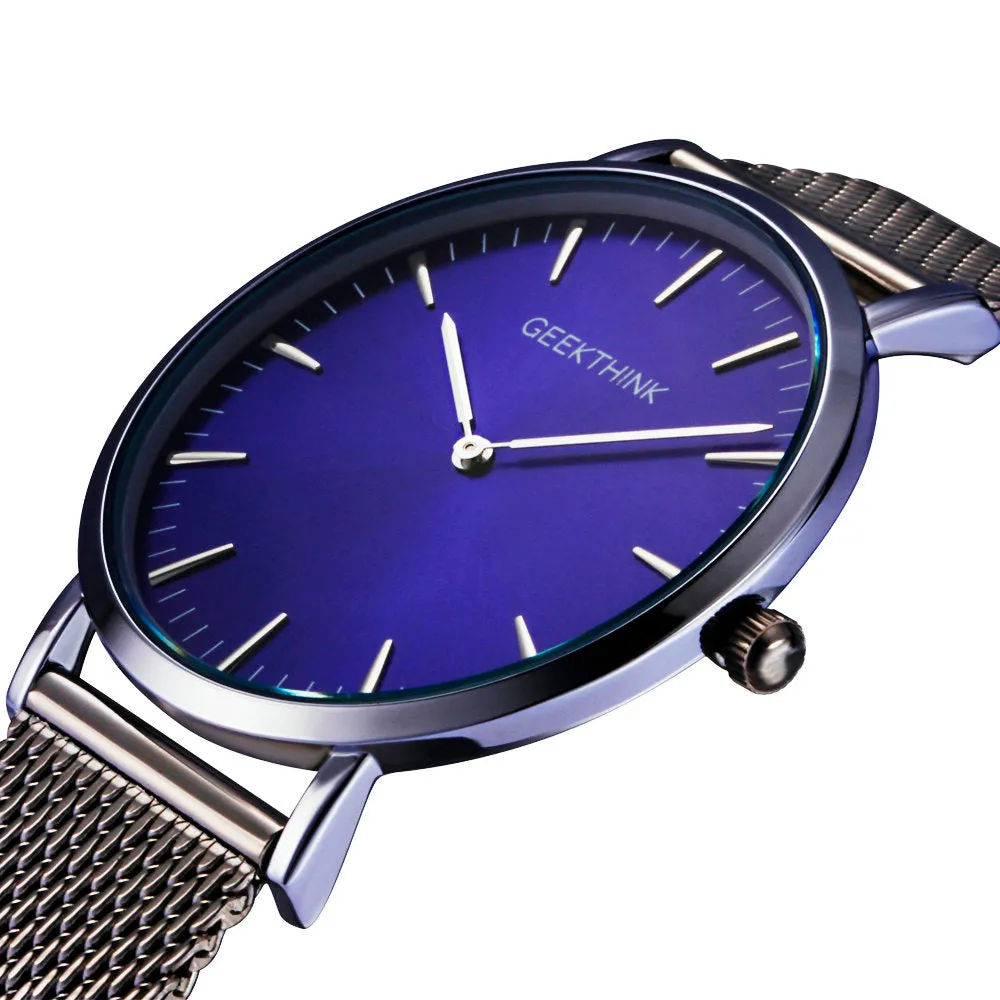 GEEKTHINK Top Luxury Brand Quartz watch men Black Casual Japan Movt stainless steel Mesh strap ultra thin clock male