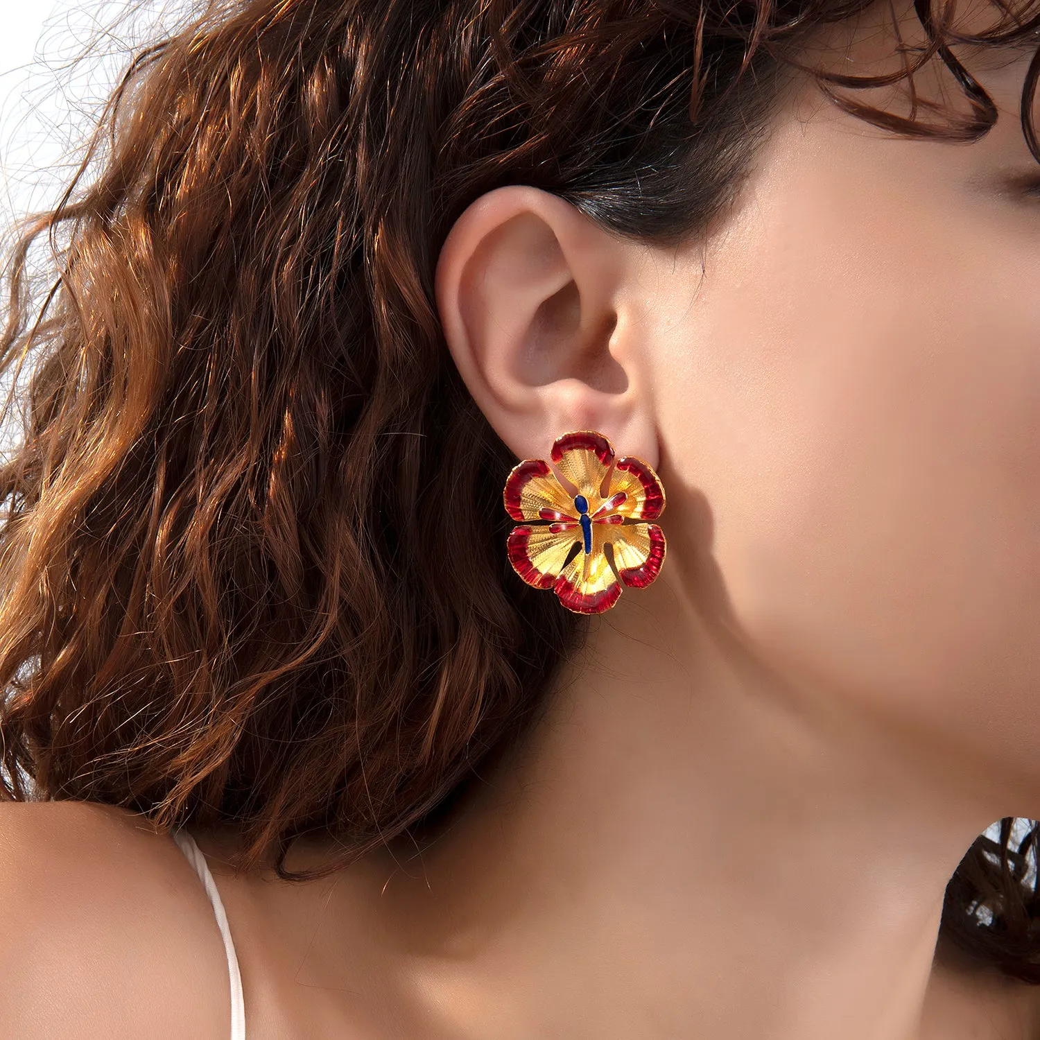 Gold & Red Flower Earrings With Dragonfly