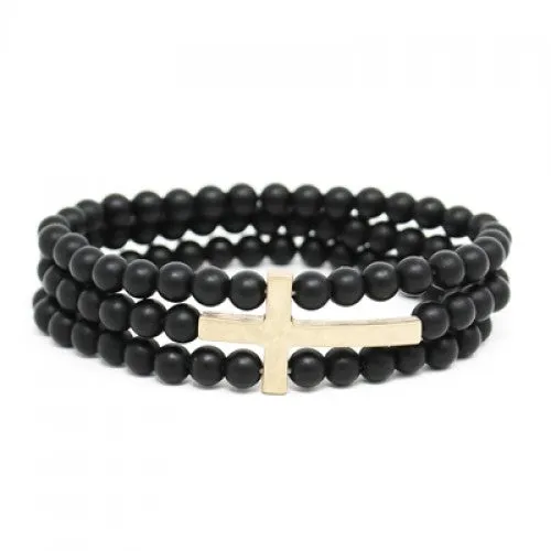 Gold Cross Three Row Stretch Bracelet