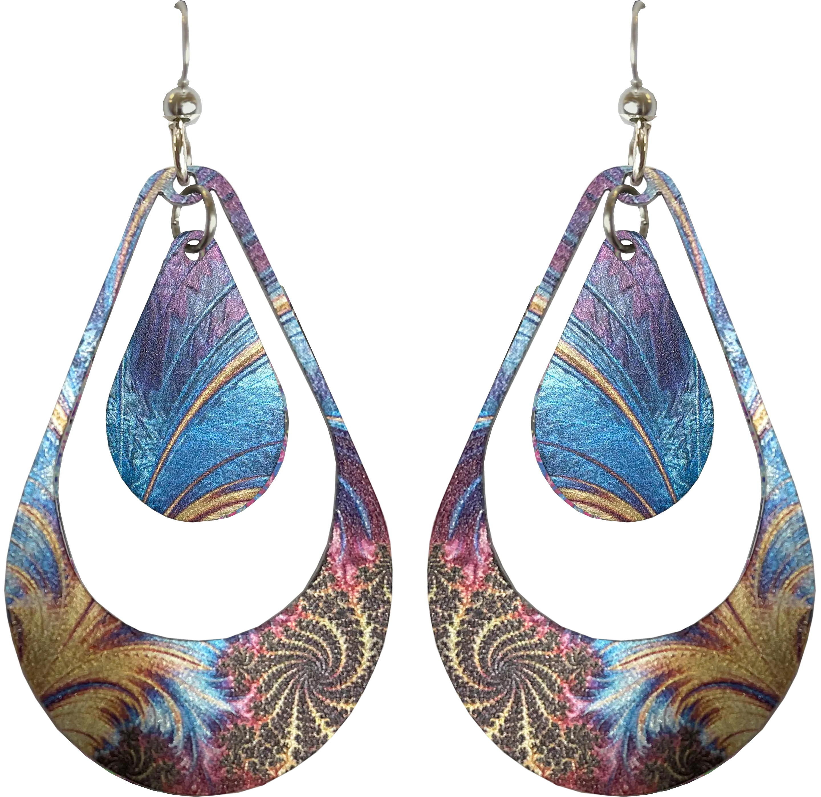 Gold Plume Double Open Tear Drop Earrings, Stainles Steel, Sterling Silver Earwires, Item# 2646