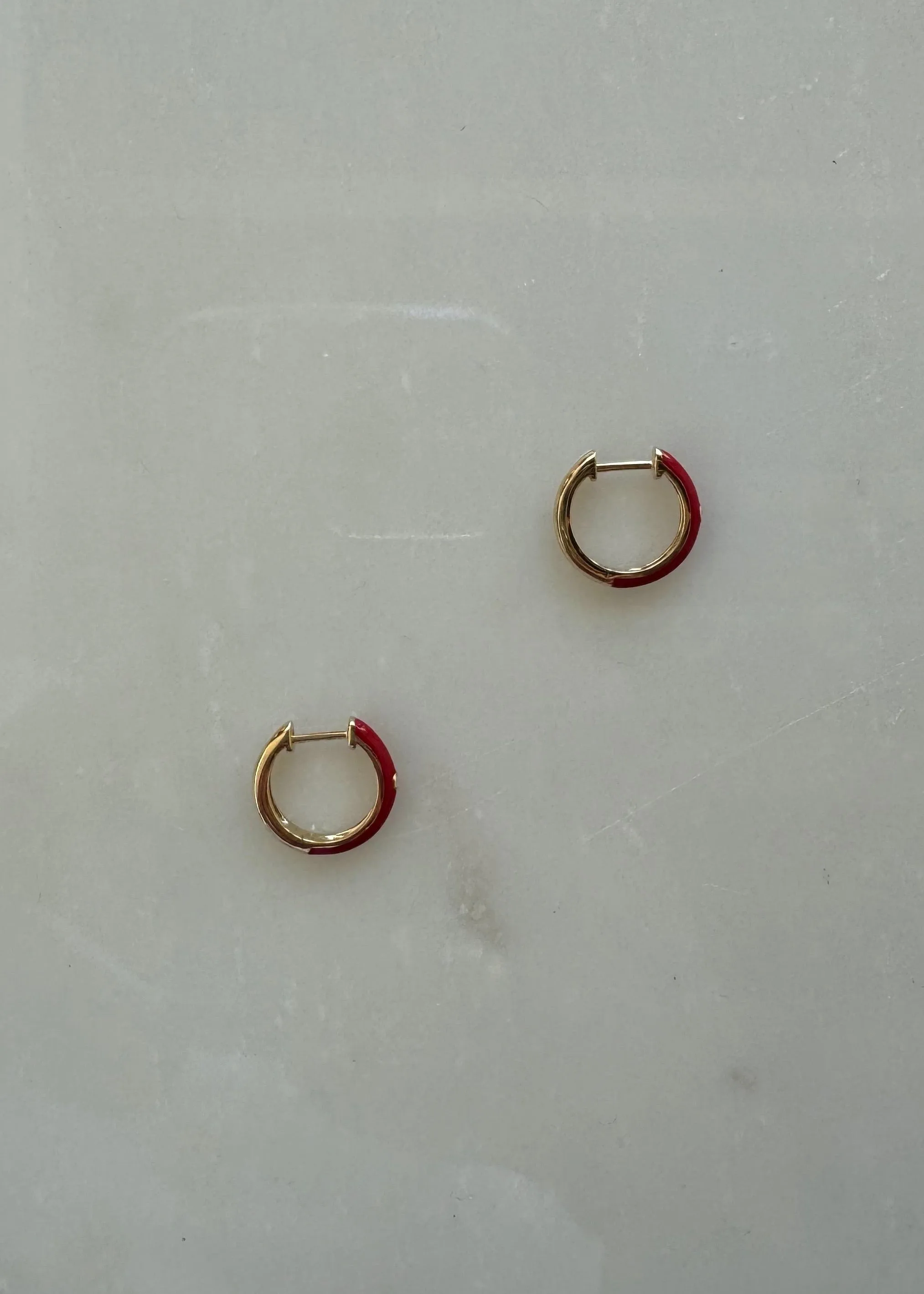 Gold Small Enamel Huggies (Red)