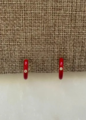 Gold Small Enamel Huggies (Red)