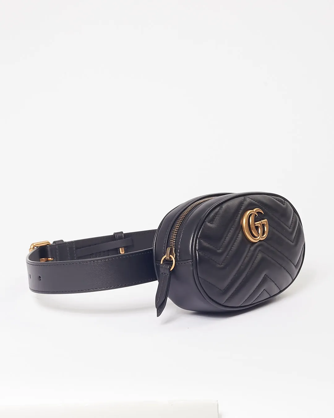 Gucci Black Chevron Leather Matelasse GG Marmont Belt Bag - 75