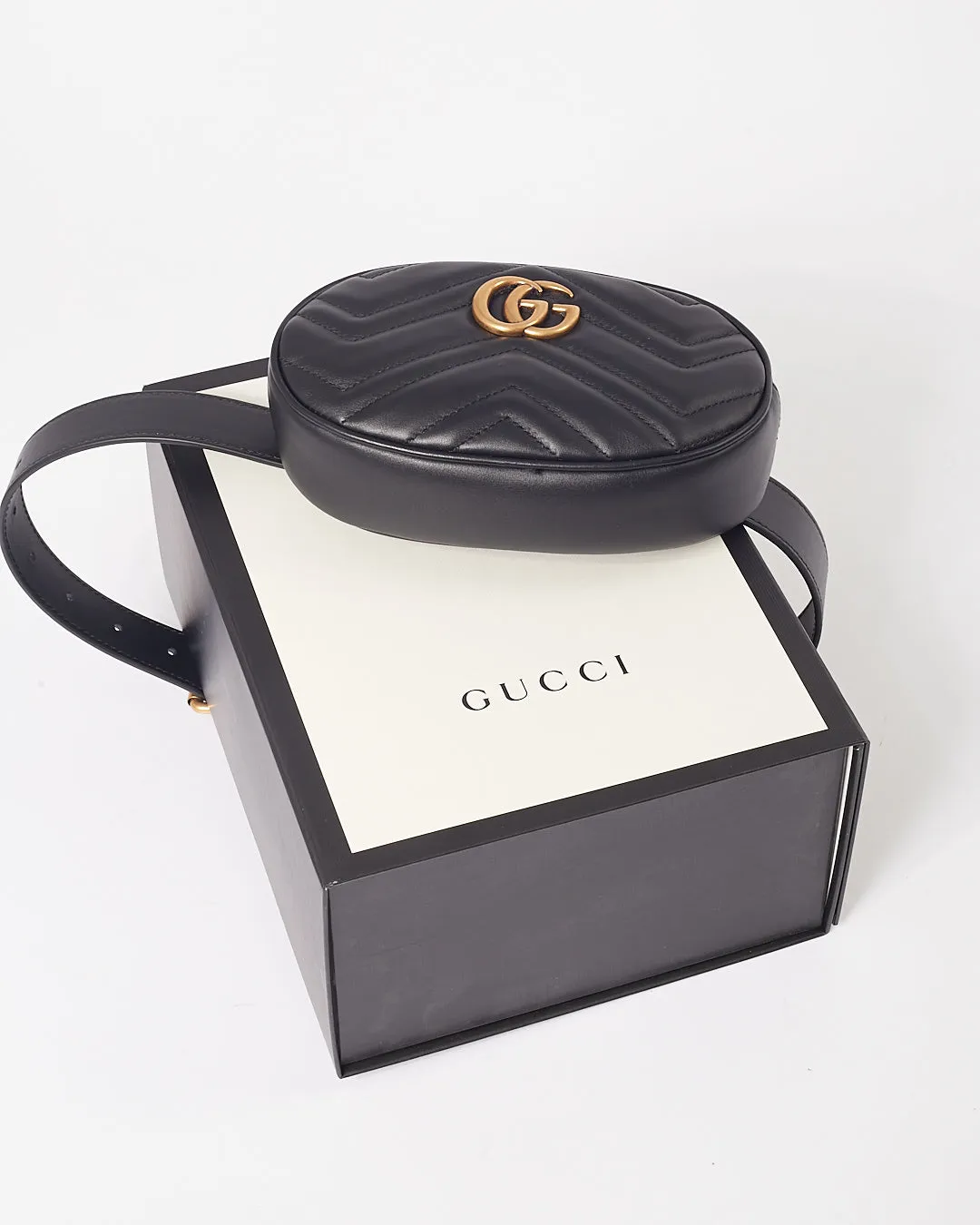 Gucci Black Chevron Leather Matelasse GG Marmont Belt Bag - 75