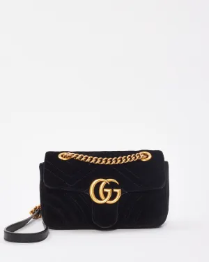 Gucci Black Matelassé Velvet Mini GG Marmont Shoulder Bag
