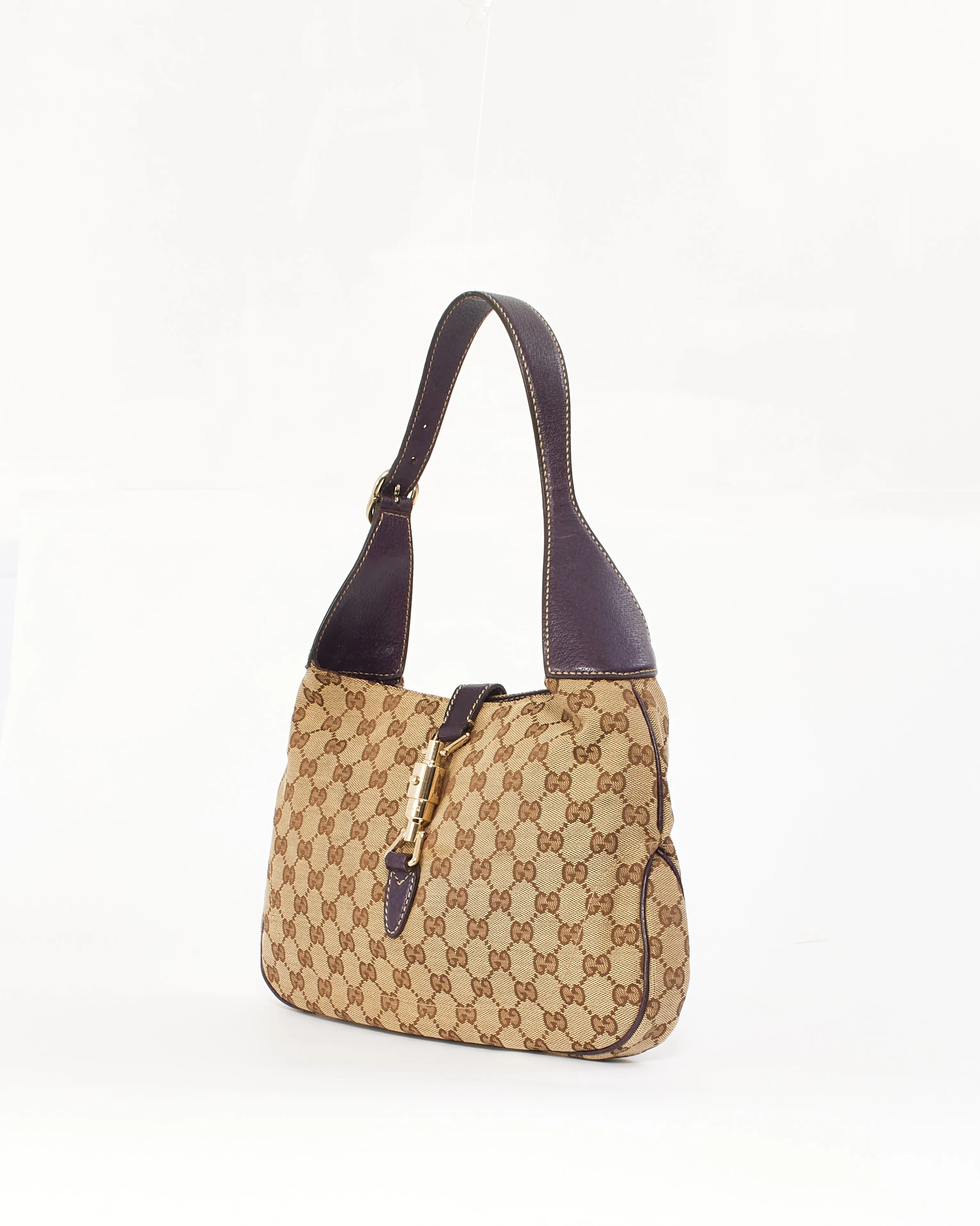 Gucci Purple Leather GG Monogram Canvas Jackie Hobo Shoulder Bag
