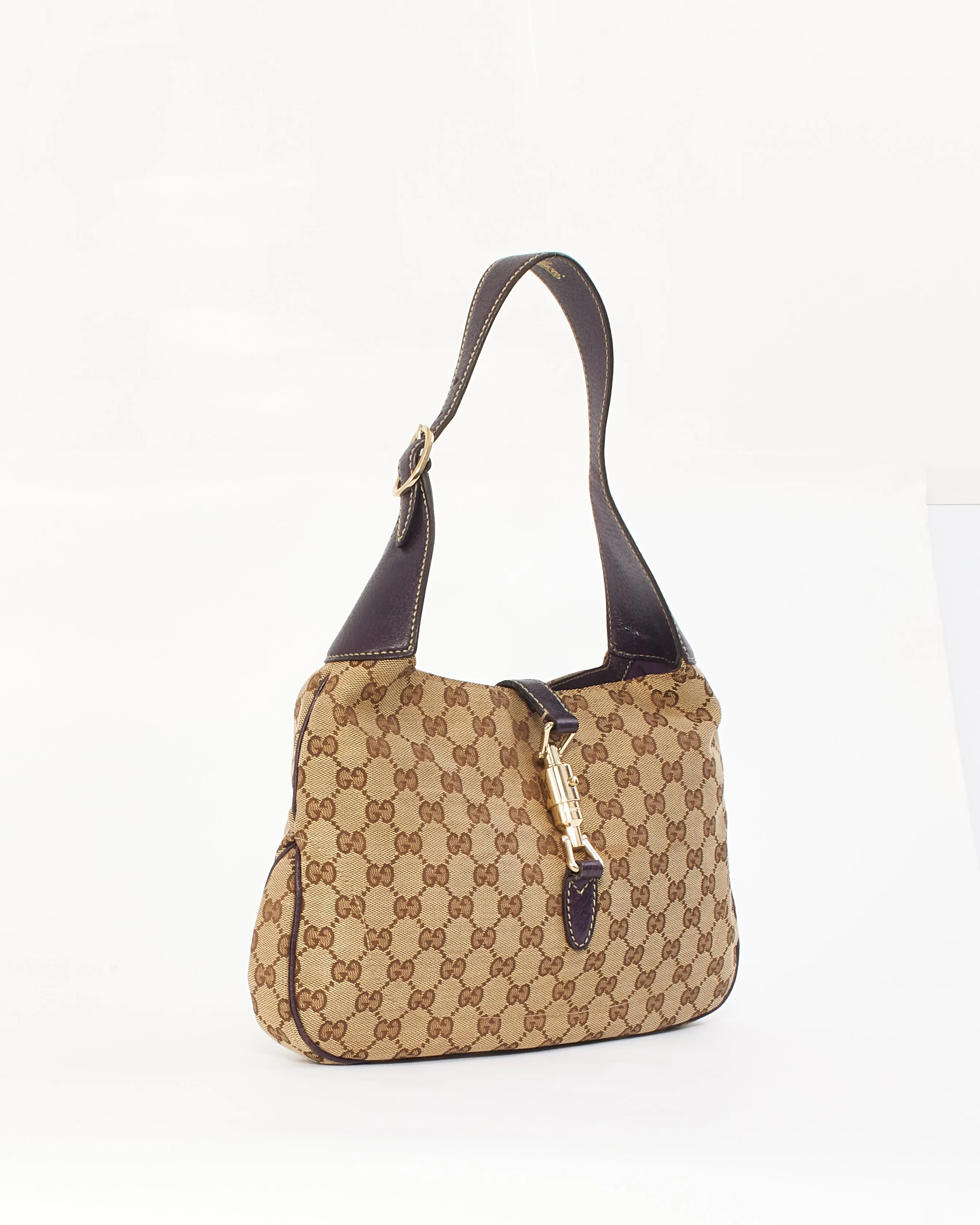Gucci Purple Leather GG Monogram Canvas Jackie Hobo Shoulder Bag