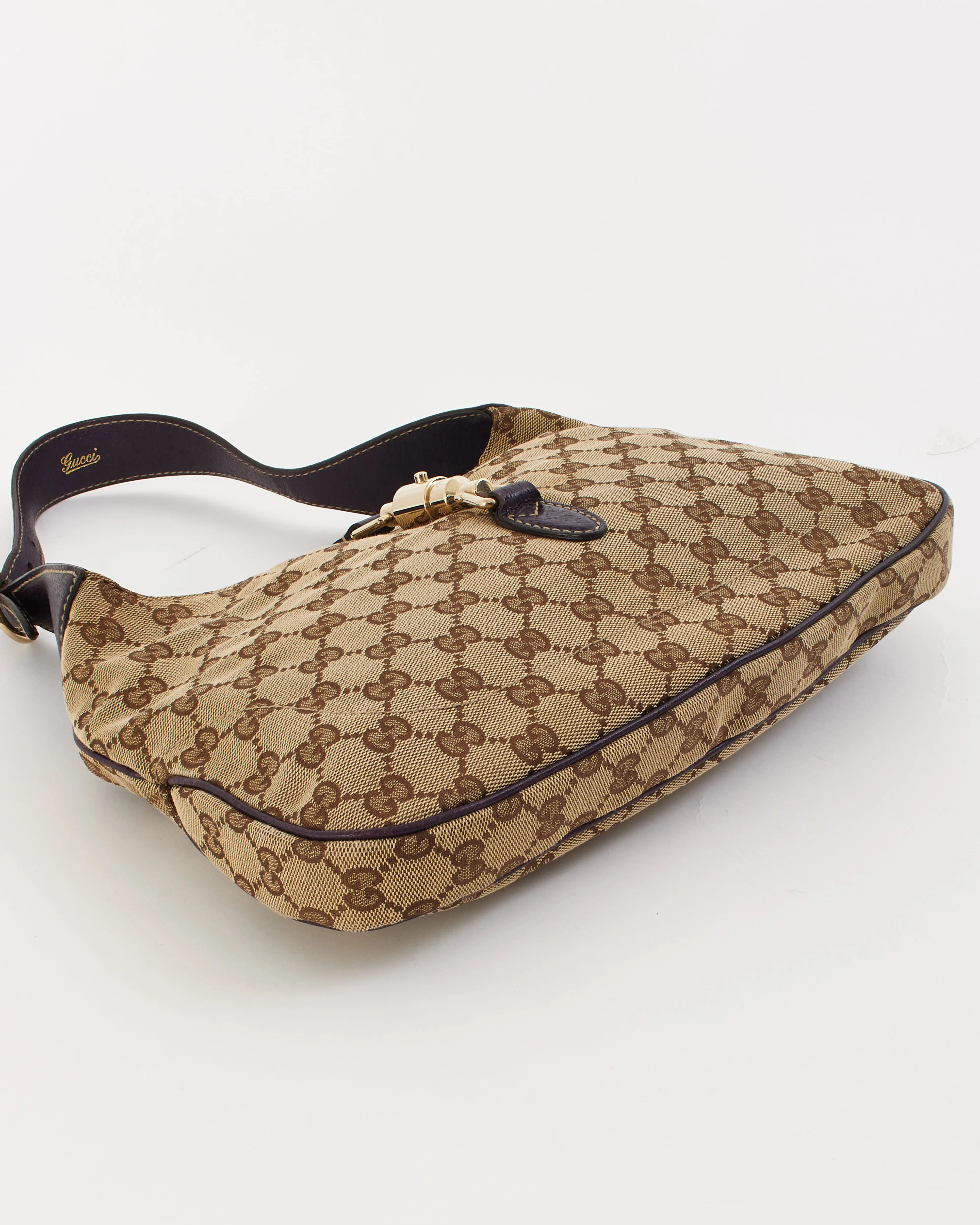 Gucci Purple Leather GG Monogram Canvas Jackie Hobo Shoulder Bag
