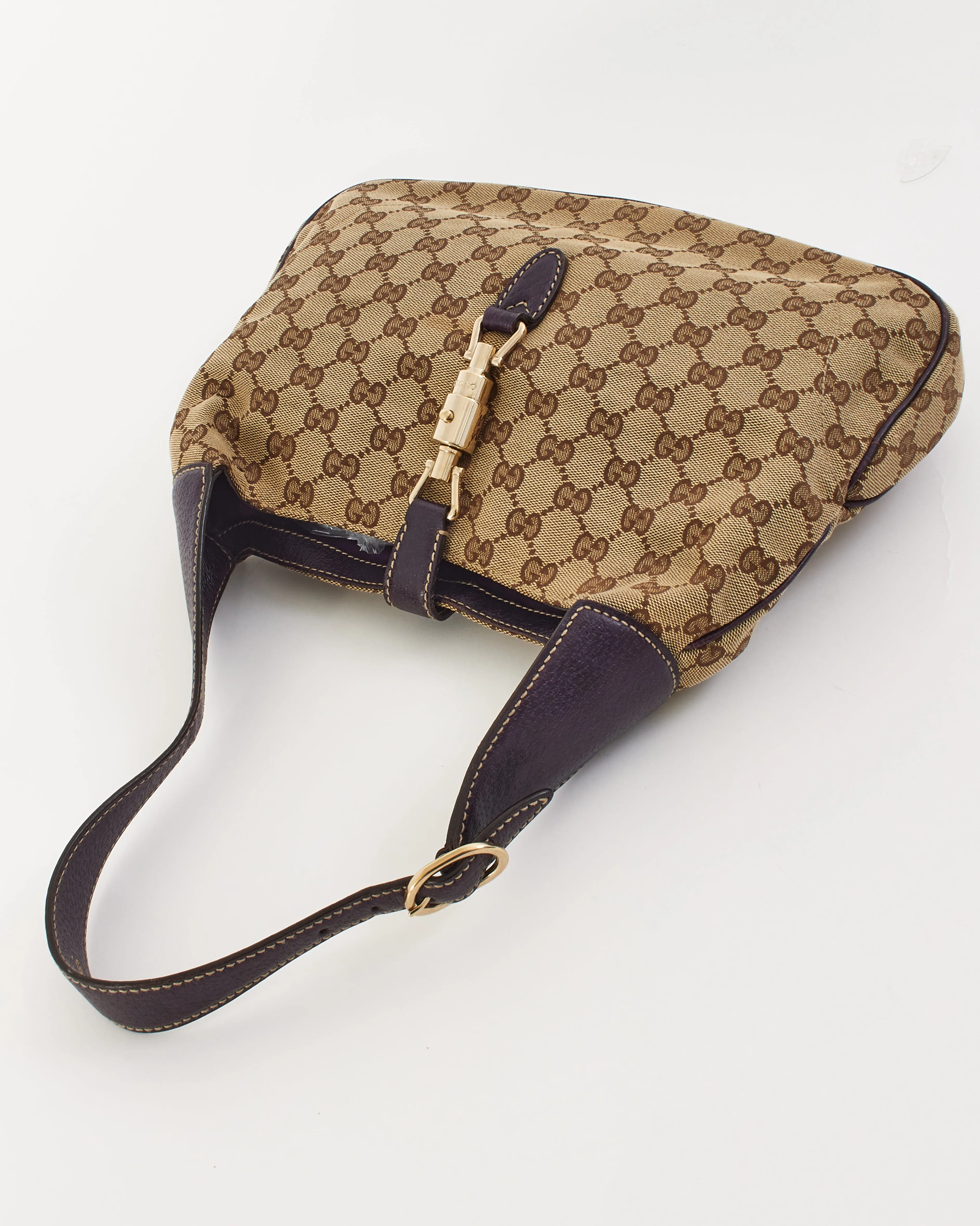 Gucci Purple Leather GG Monogram Canvas Jackie Hobo Shoulder Bag