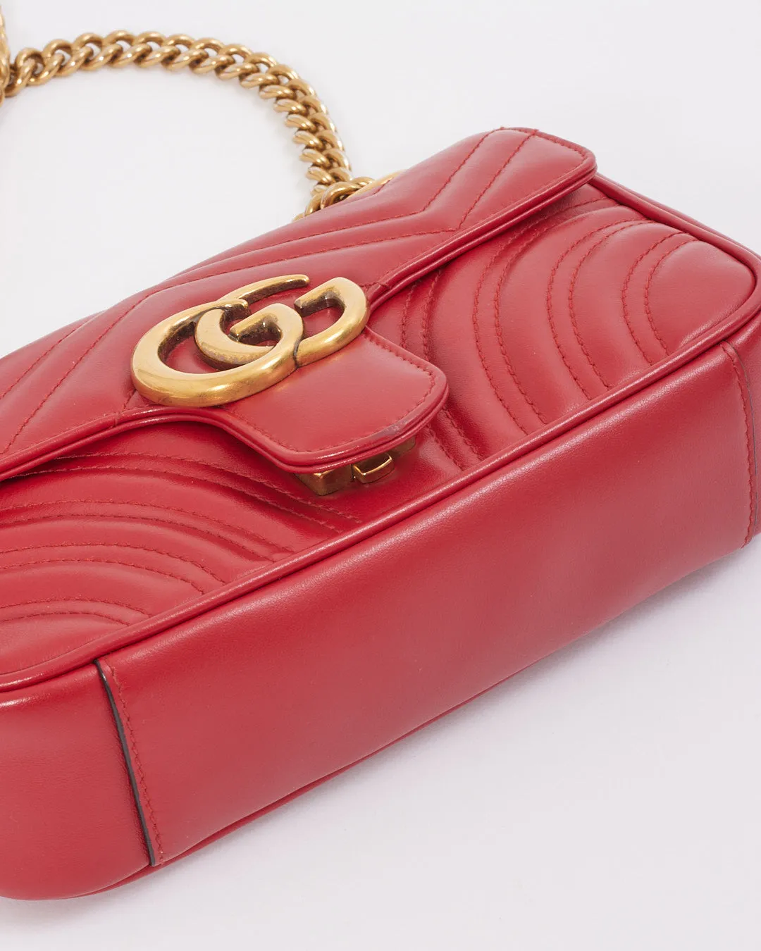 Gucci Red Leather Chevron GG Marmont Mini Flap Bag