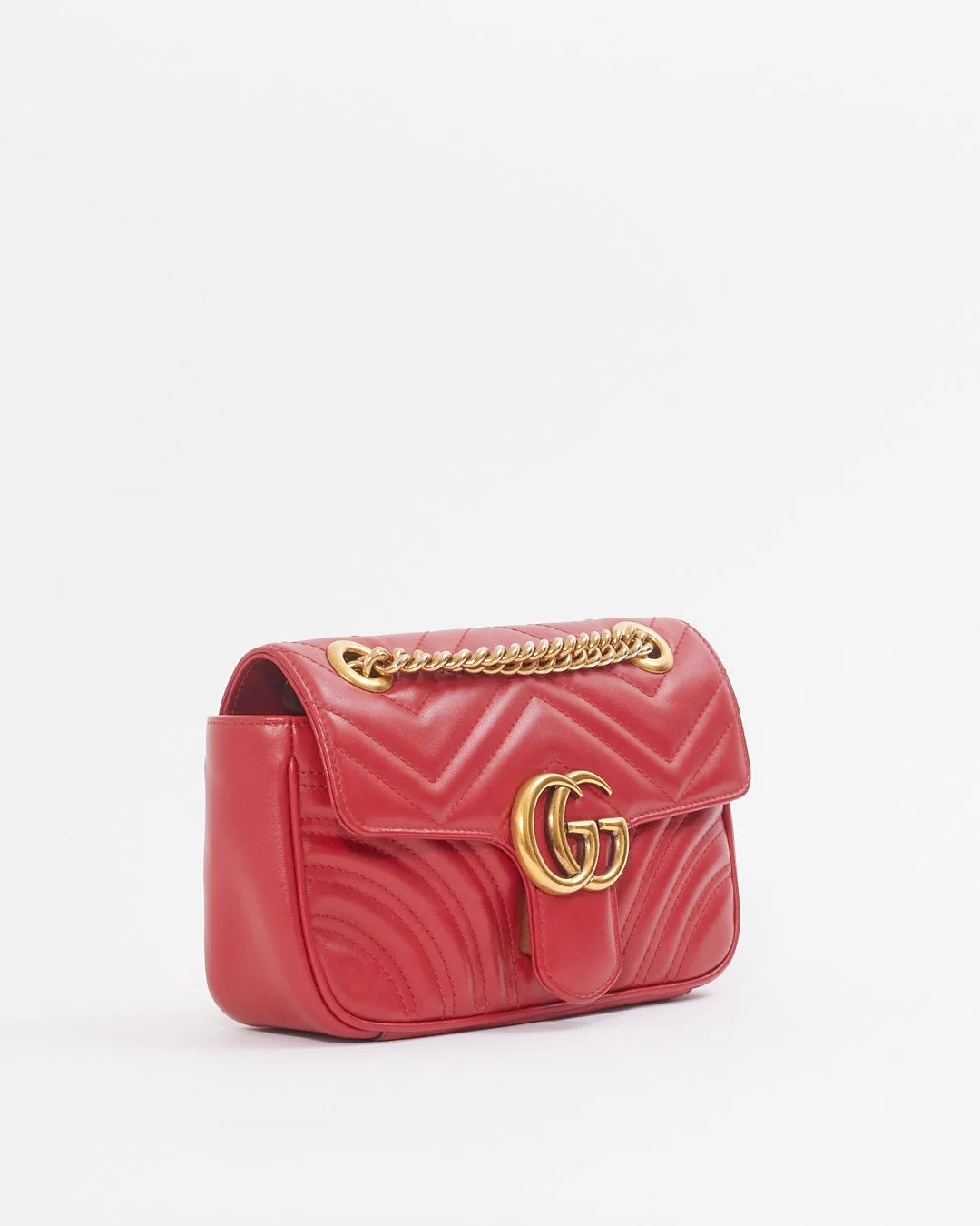 Gucci Red Leather Chevron GG Marmont Mini Flap Bag