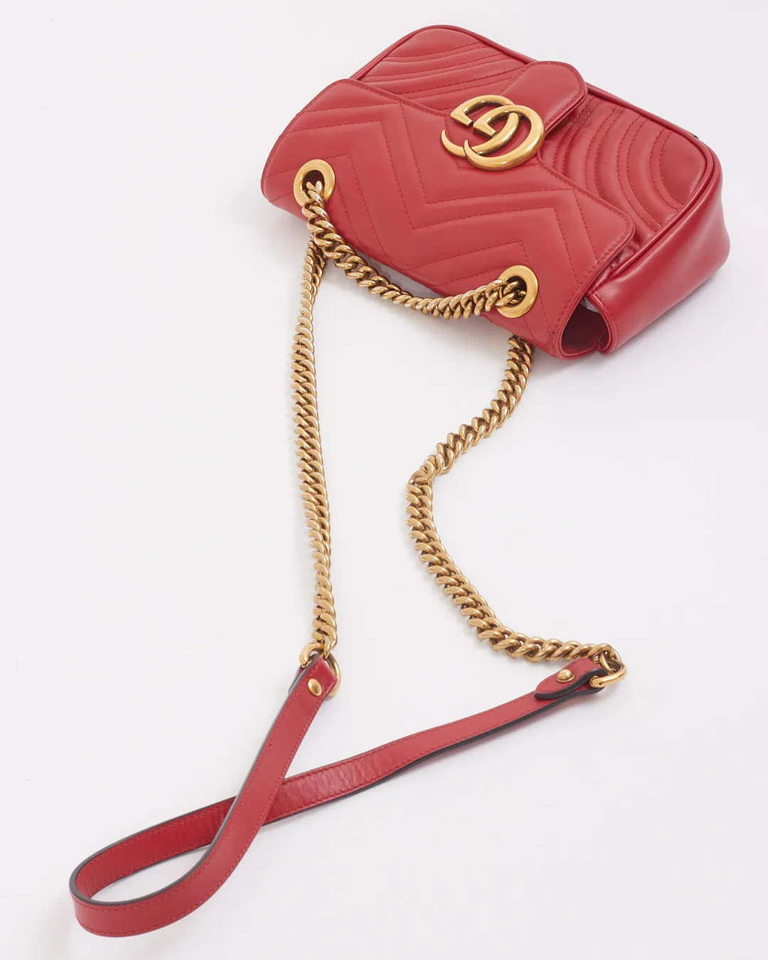 Gucci Red Leather Chevron GG Marmont Mini Flap Bag