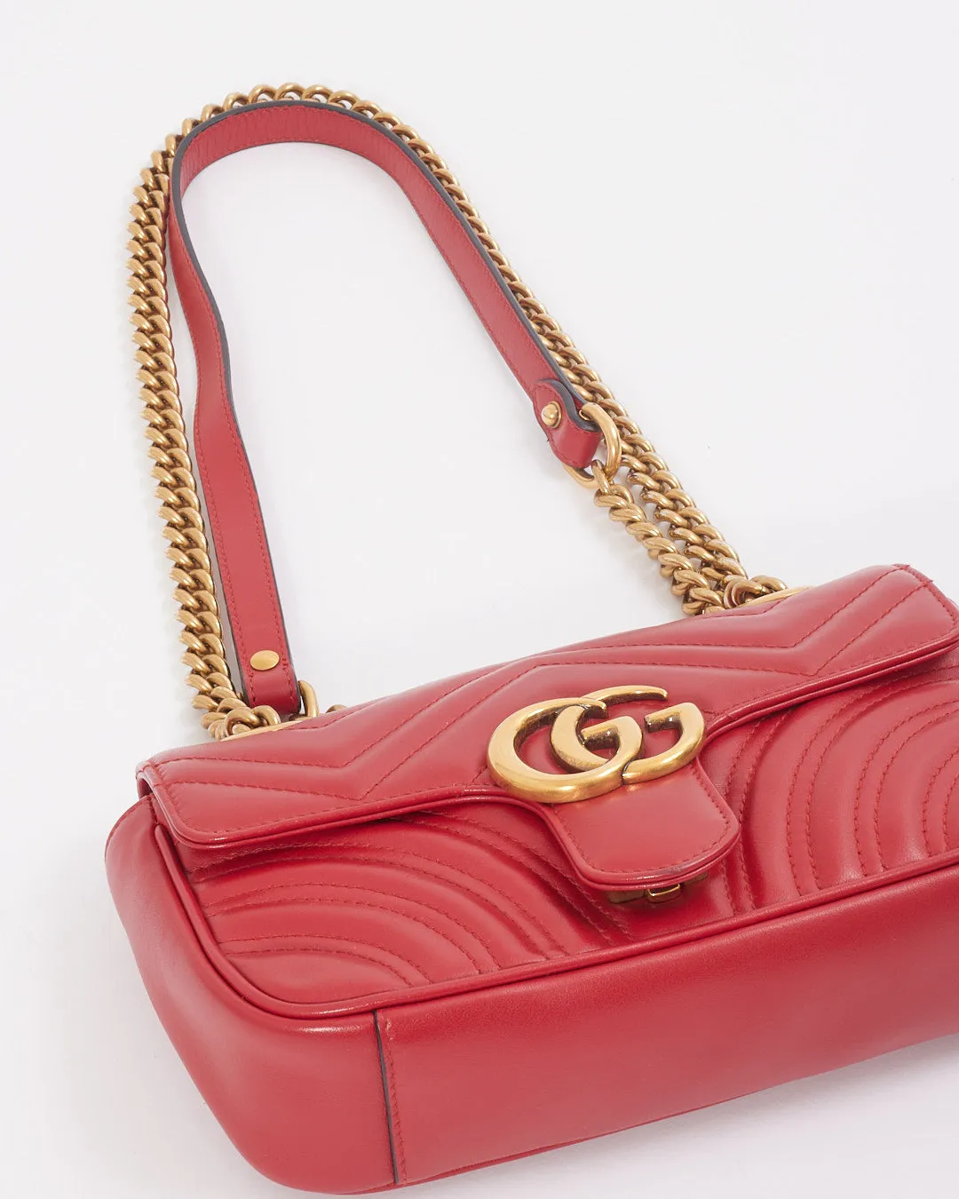 Gucci Red Leather Chevron GG Marmont Mini Flap Bag