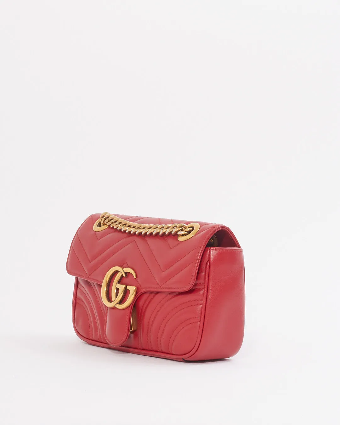 Gucci Red Leather Chevron GG Marmont Mini Flap Bag
