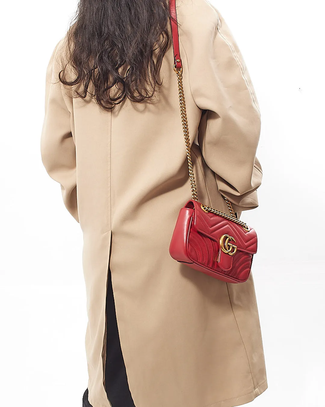 Gucci Red Leather Chevron GG Marmont Mini Flap Bag