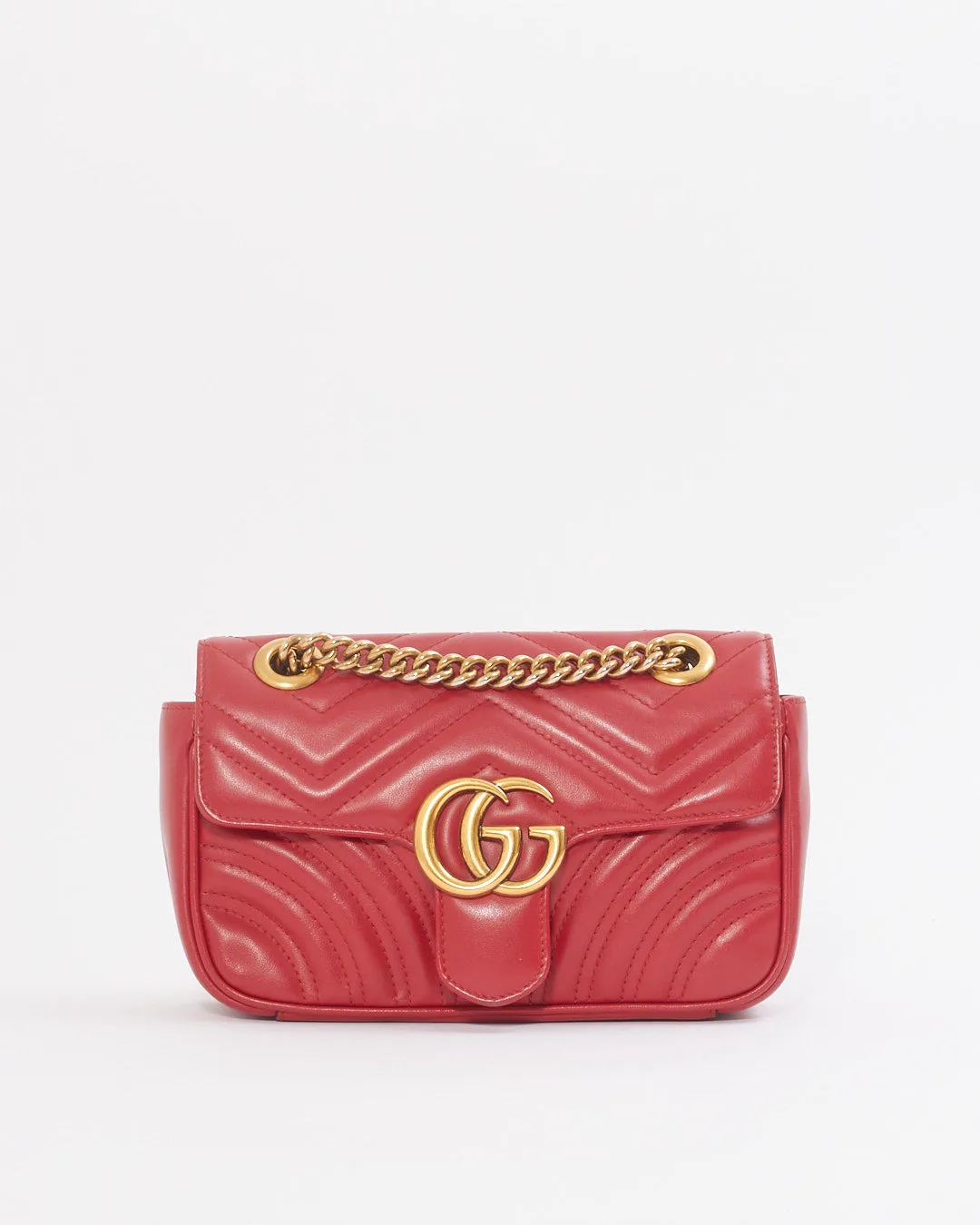 Gucci Red Leather Chevron GG Marmont Mini Flap Bag