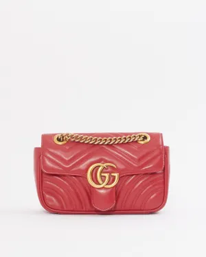 Gucci Red Leather Chevron GG Marmont Mini Flap Bag