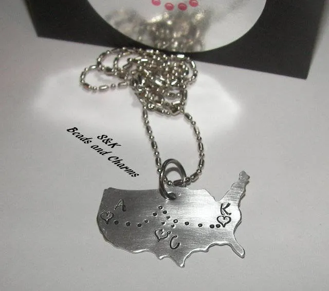 Hand stamped jewelry, personalized jewelry, custom  jewelry, best friend jewelry, USA Charm, long distanced necklace, custom jewelry