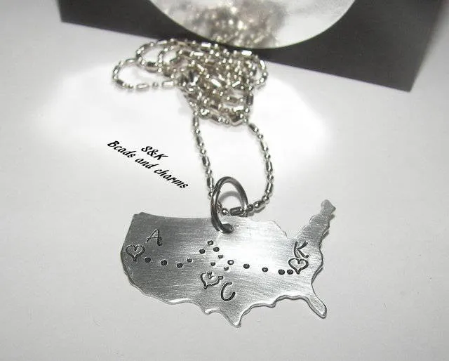 Hand stamped jewelry, personalized jewelry, custom  jewelry, best friend jewelry, USA Charm, long distanced necklace, custom jewelry