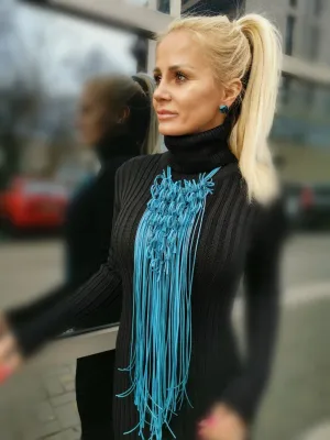 Handmade Long Leather Necklace/Avant-garde necklace/Extravagant Necklace in Blue