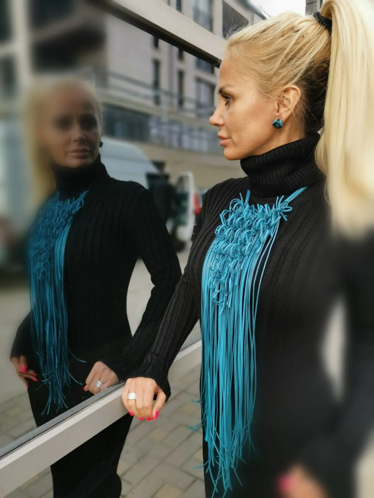 Handmade Long Leather Necklace/Avant-garde necklace/Extravagant Necklace in Blue