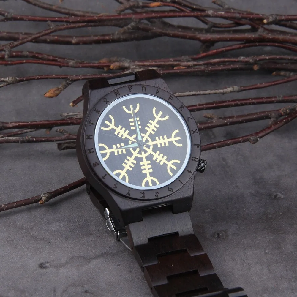 Handmade  Wooden Watches Man Women Runic Circle Watch with Golden Helm of Awe or Vegvisir Quartz Wristwatch Male