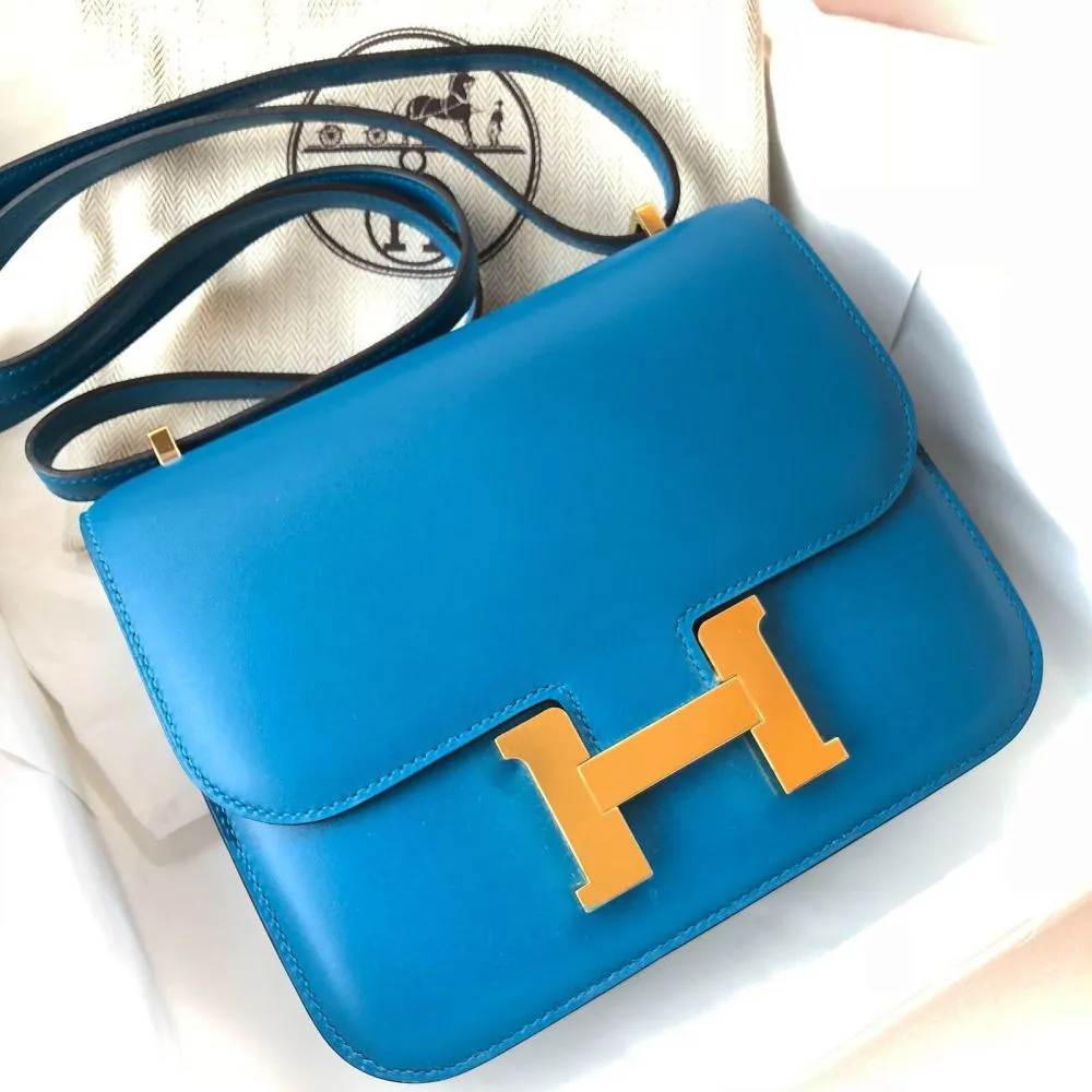 Hermès Constance 18 Bleu Izmir Tadelakt Gold Hardware GHW