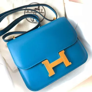 Hermès Constance 18 Bleu Izmir Tadelakt Gold Hardware GHW