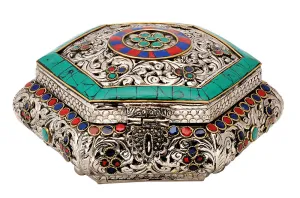 Hexagon Jewelry Box with Floral Design & Colored Mosaic