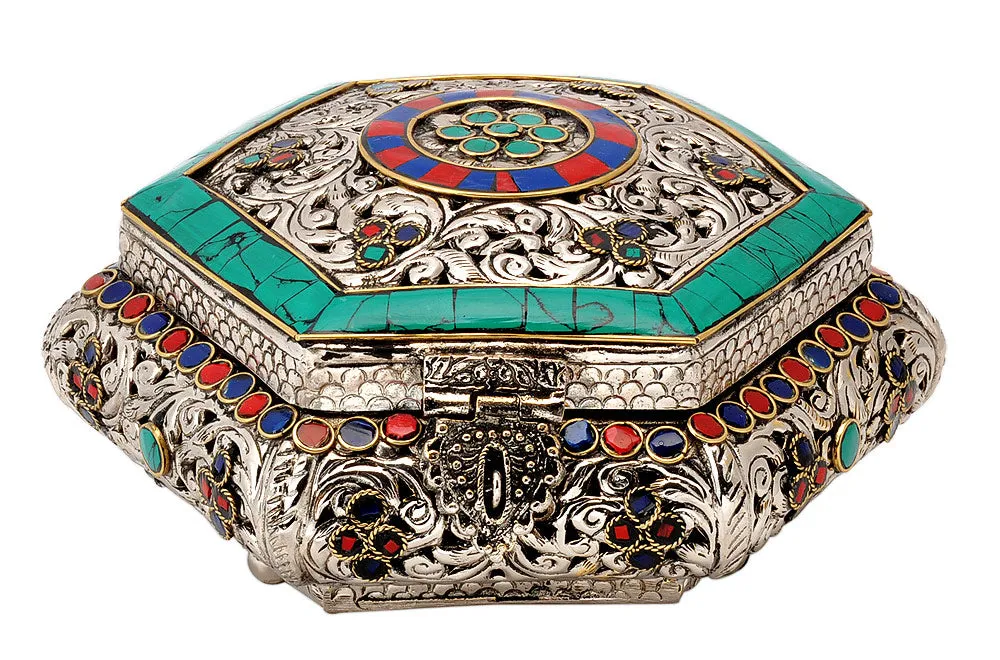 Hexagon Jewelry Box with Floral Design & Colored Mosaic